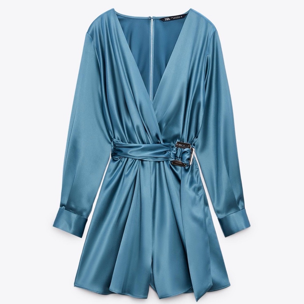 Zara Teal Satin Long Sleeve Dress